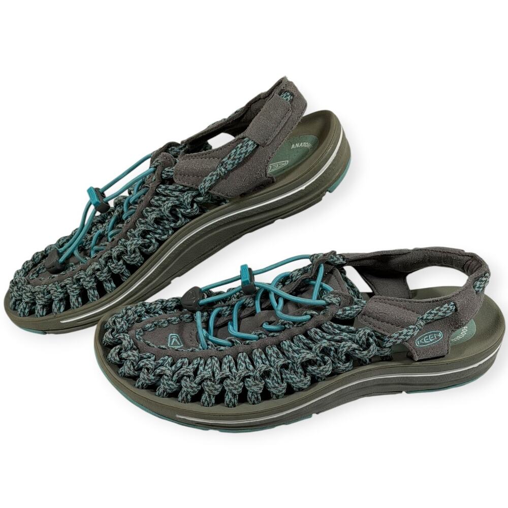 KEEN Uneek Sandals, Gray/Water Blue, Cords & Leather, Women's 8
